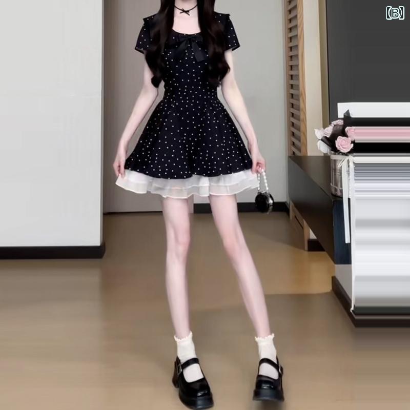 レディース ワンピース 夏 ポルカドット 蝶結び Aライン ウエストマーク 小柄 スリム フレンチスタイル エレガント ドレス 膝丈 軽量 コットン混 花柄 かわいい 日常使い 通勤