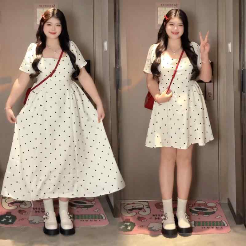 樂天商城 - レディース ワンピース 夏用 大きいサイズ ぽっちゃり対応 スクエアネック ポルカドット柄 Aライン スリム効果 上品 お姫様スタイル 軽やか 通勤 普段使い 伸縮性 コットン混 ビッグシルエット