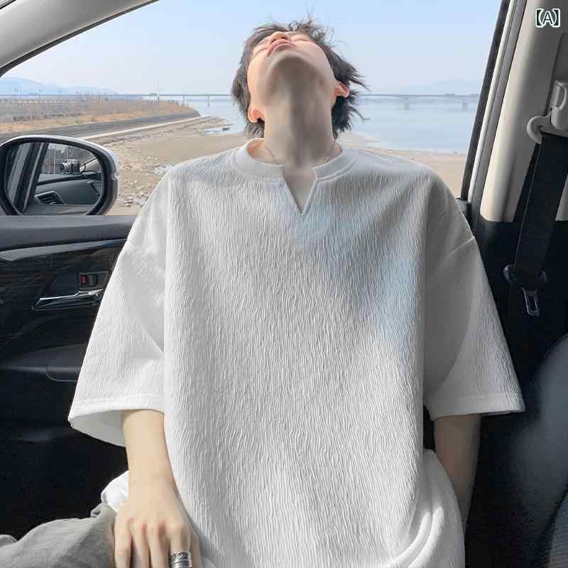 半袖Tシャツ メンズ Vネック 夏用 接触冷感 薄手 無地 トップス 滑らかな肌触り アメリカンスタイル ストリート ファッション 吸湿速乾 軽量 普段使い