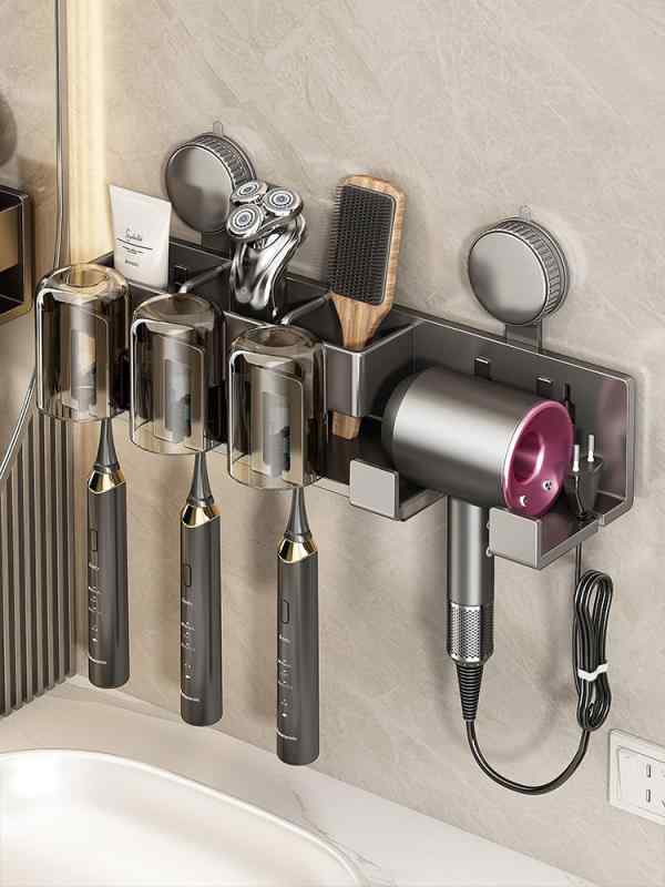 Toothbrush Stands, Holders - 浴室用 壁掛け 吸盤式 収納ラック 歯ブラシ ホルダー うがいカップ 置き ヘアドライヤー 支架 穴あけ不要 省スペース 多機能