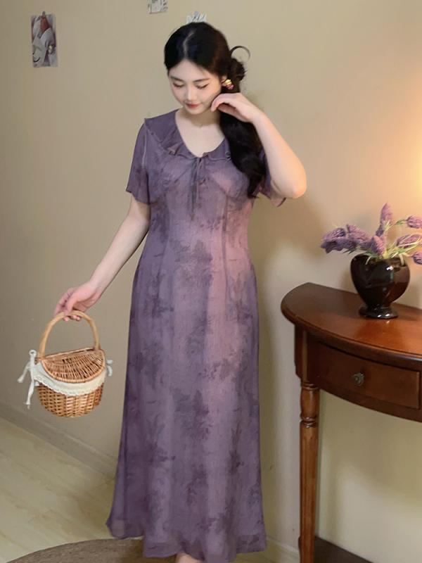ワンピース レディース 夏用 フランス風 レトロ 紫色 エレガント 白肌映え 大きめサイズ ぽっちゃり対応 ふわっとシルエット 高級感 軽やか ゆったりフィット
