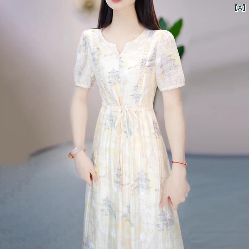 ワンピース レディース 夏 減齢 名媛 風 高級感 軽やか 膝丈 フレア スカート コットン 混 素材 吸湿速乾 機能 普段使い 対応