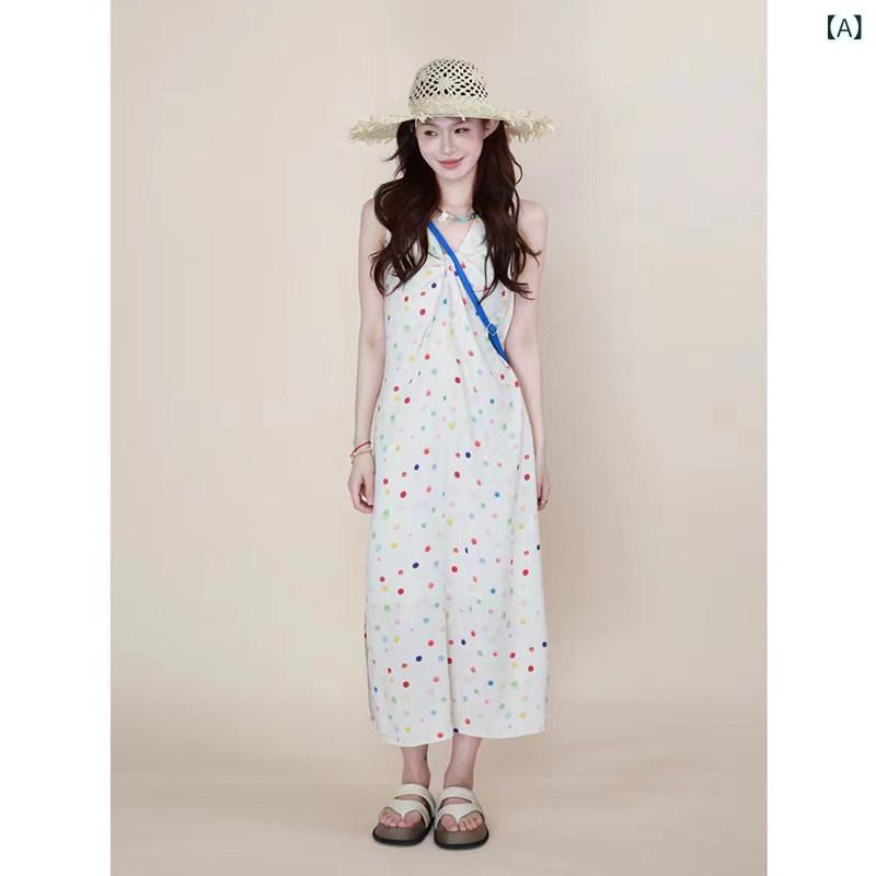 樂天商城 - ワンピース レディース 夏 ポルカドット柄 海辺リゾート風 高級感 キャミソール ノースリーブ ビーチドレス 軽量 通気性 涼しい 女性用 ドレス