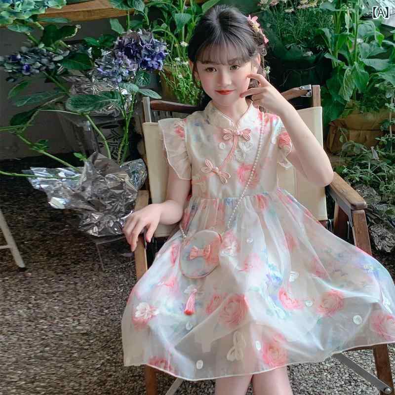 ワンピース 女の子 子供 夏 中国風 チャイナドレス プリンセススカート かわいい 軽量 通気性 綿素材 膝丈 フレアシルエット