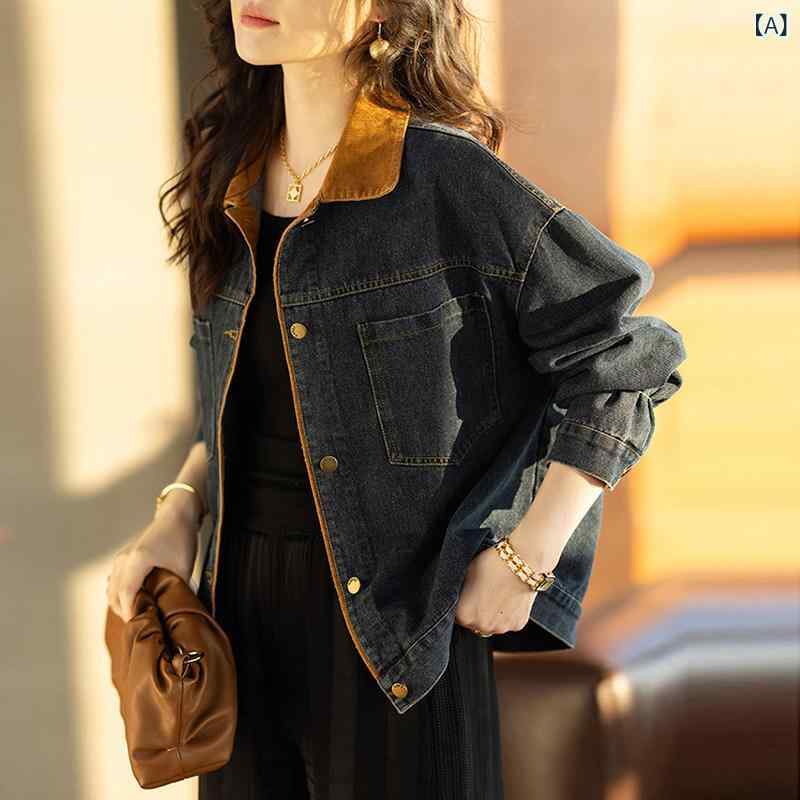 Coat - デニムジャケット レディース 春夏 小柄向け 切り替え ワーク風 ショート丈 カジュアル アウター コットン素材 軽量 普段使い 伸縮性 トップス