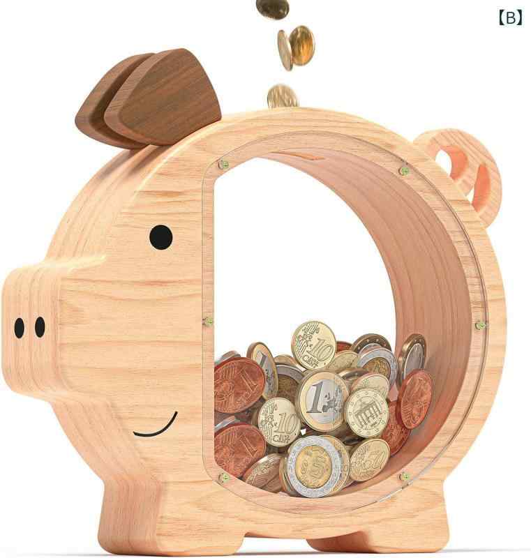 リバーパディの貯金箱 子供用 豚型 実木製 透明 コイン入れ 取り出し不可 かわいい 置物 創造的 貯蓄 習慣 木製 ピッグバンク ユニセックス 男の子 女の子 対応 インテリア 飾り付け｜アングル2