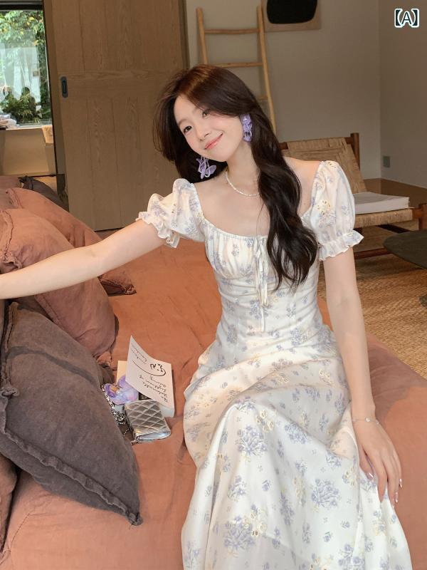 ワンピース レディース 夏 韓国 エレガント 魅惑的 フェミニン ソフト 短袖 マキシ丈 花柄 シルエット 軽量 通気性 吸湿速乾 個性的 カジュアル スタイル 日常使い