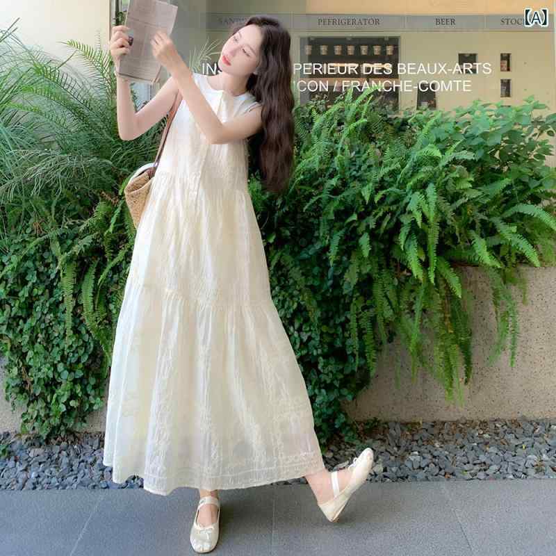 ワンピース レディース 夏 ノースリーブ レース 白 ロングドレス アンクル丈 かわいい リゾート フェミニン 高級感 ゆったりシルエット 軽量 伸縮性