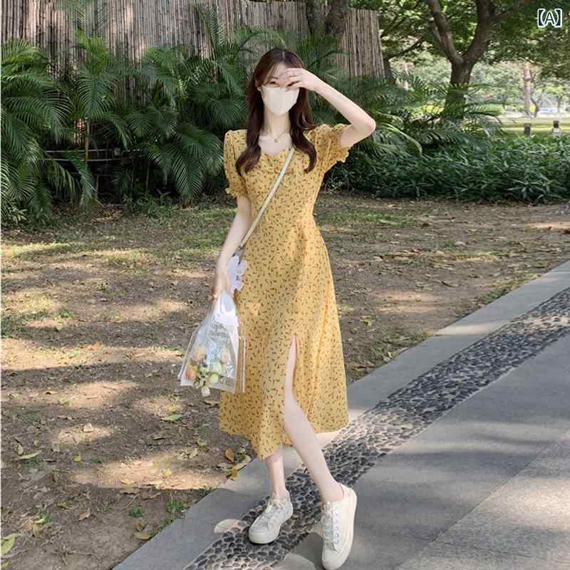 ワンピース レディース 夏 フレンチスタイル 小花柄 シフォン ロング 収腰 スリット スリム フェミニン ガーリー 軽量 伸縮性 通勤 普段使い・・要素: プリーツ.フラワープリント.隠しジッパー.スリット・ウエスト: ハイウエスト・生地: シフォン・主な素材: ポリエステル100%・袖タイプ: パフスリーブ・スカートタイプ: Aライン・袖丈: 短袖・スカート丈: ミドル丈・ネックライン: スクエアネック・柄: フラワープリント・着用方法: プルオーバー・サイズ展開: S.M.L・カラー展開: イエロー・対象年齢: 18-29歳