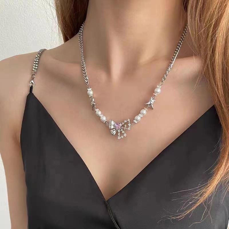 Beads - ネックレス 女性用 夏 かわいい クール セクシー アクセサリー 軽量 鎖骨チェーン 蝶結び ジルコニア パール 軽奢 個性派 甘め 女性向け ファッション アクセ シンプル 細身 チェーン スタイリッシュ