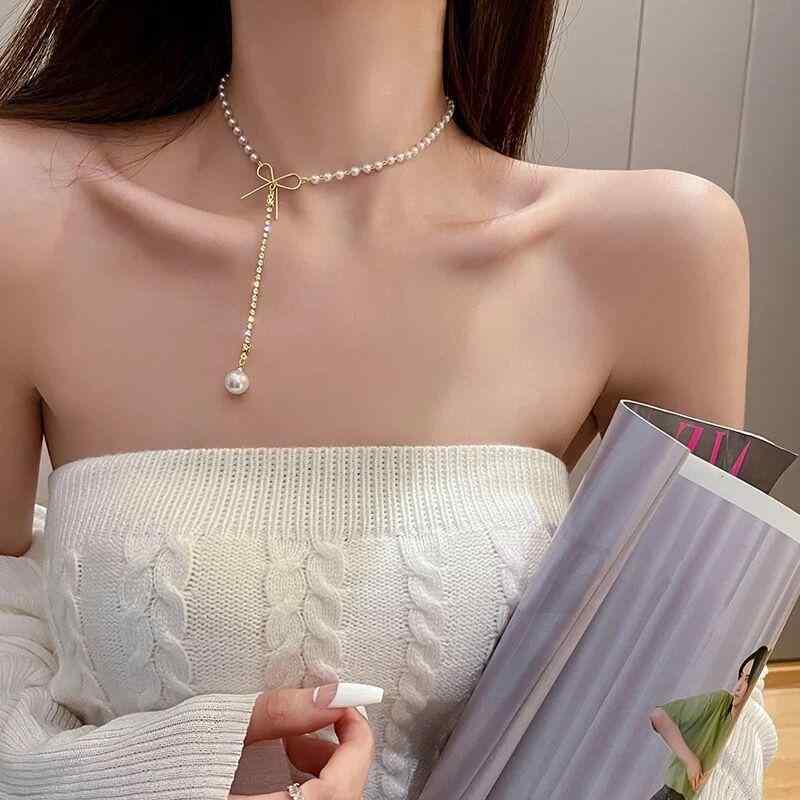 乐天商城 - ネックレス 女性用 春夏 仙気 美しい パール ベーシック 多層 レイヤード 鎖骨チェーン 少女心 爽やか かわいい アクセサリー シンプル スタイリッシュ ゴールドチェーン シルバーアクセント 日常使い ギフト向き 軽量 伸縮性 細身 ピンク系