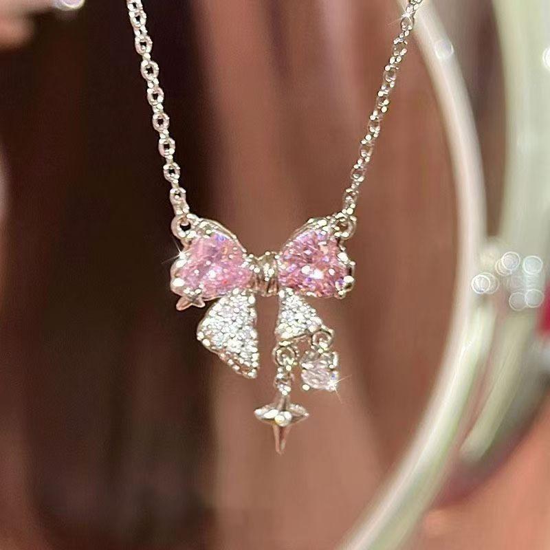Boulder - ネックレス 女性用 かわいい ピンク 蝶結び ハート 鎖骨 アクセサリー 細身 軽量 シンプル 普段使い ジュエリー