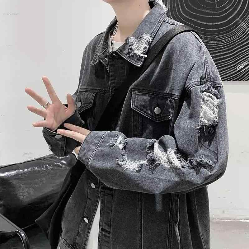 乐天商城 - メンズ デニム ジャケット 秋冬 フィット 高級感 クール ストリート スタイル ヒップホップ 切り替え 秋冬用 破れ 加工 コート