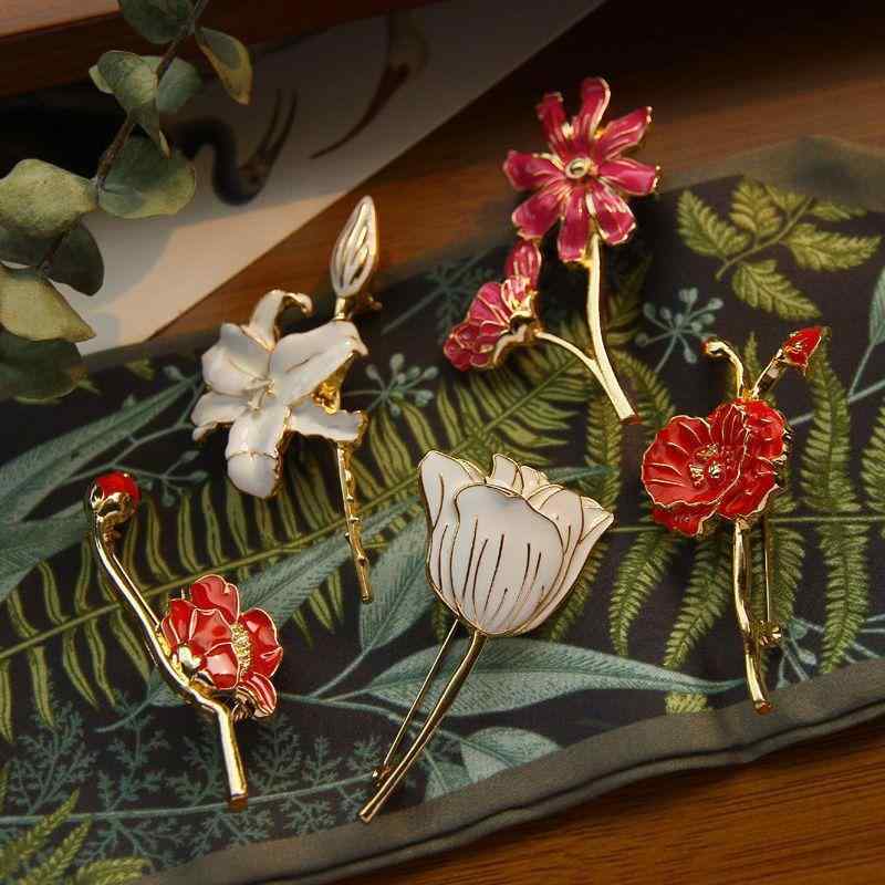 Corsages - ブローチ 女性用 モネ ガーデン 油画風 復古 ユリ チューリップ ペルシャ菊 高級感 個性派 アクセサリー 華やか 花モチーフ コサージュ ピン 留め具 ファッション小物 装飾品