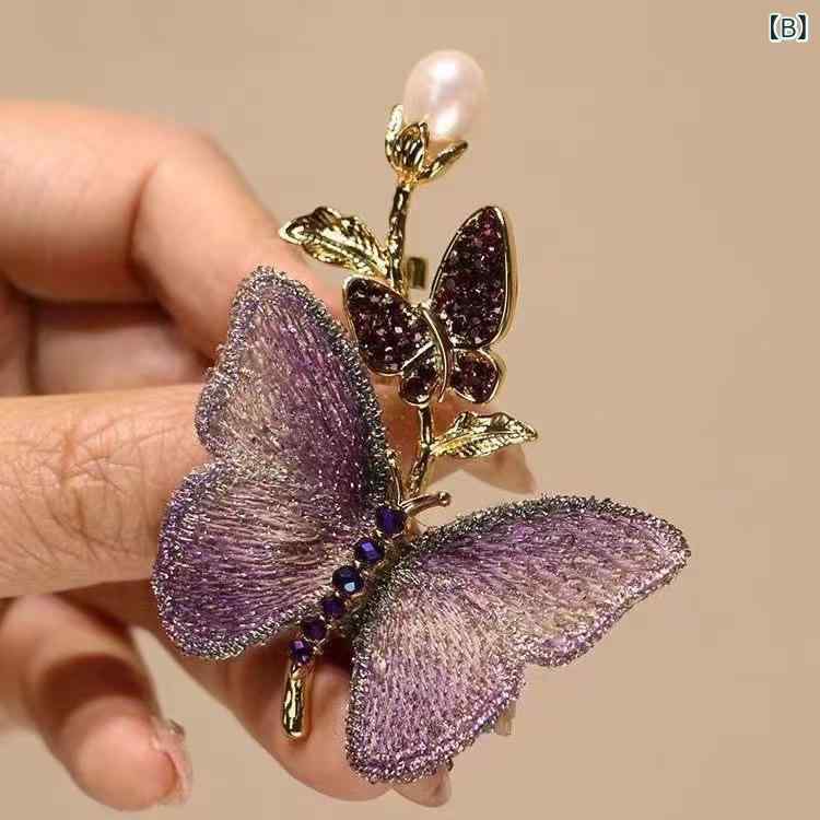 ブローチ メンズ レディース 刺繍 ブルー バタフライ 高級感 魅惑的 気品 西装 チャイナドレス アクセサリー コサージュ ピン クラシック ビンテージ 風情 華やか 細工 装飾 コーディネート 普段使い ビジネス 2