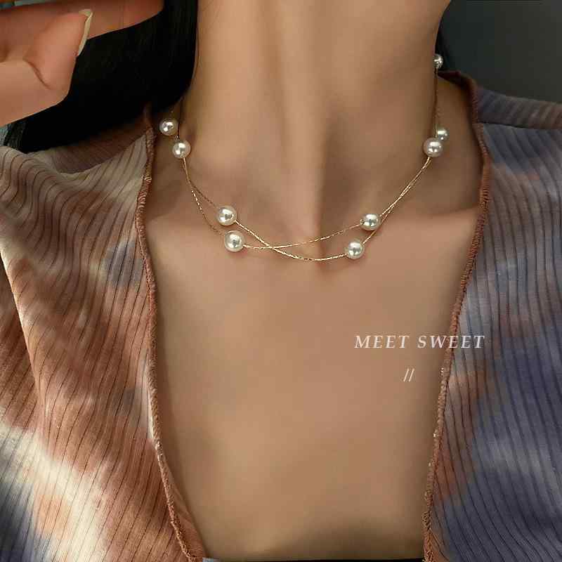 Garnet - ネックレス 女性用 韓国 二層 スタック パール チョーカー 鎖骨チェーン 個性 高級感 アクセサリー シルバー ゴールド シンプル 普段使い ギフト 春夏 秋冬 通年