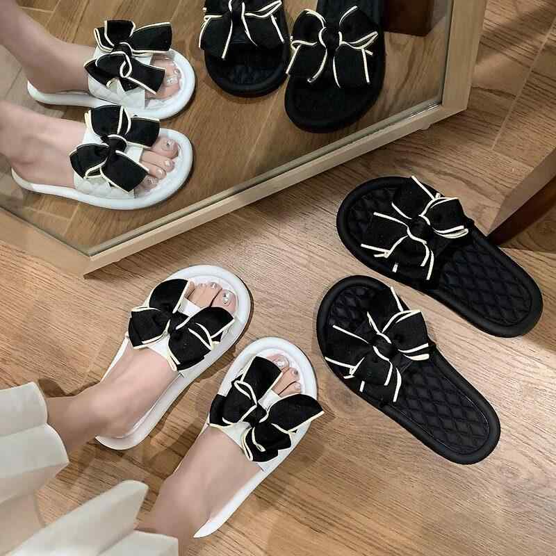 Holly'S Sole - ビーチサンダル レディース 夏用 リボン 平底 柔らかいソール 室内外 防滑 かわいい フェミニン ファッション 百搭 ルームシューズ クール 軽量 伸縮性