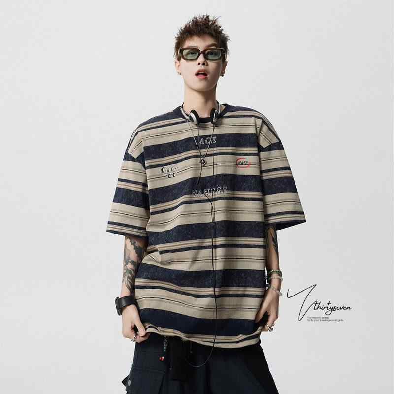 メンズ 半袖 Tシャツ トップス レトロ アメリカン ビッグシルエット 夏用 カジュアル ストリート ファッション クール スタイル ゆったり 着こなし 吸湿速乾 綿混 素材