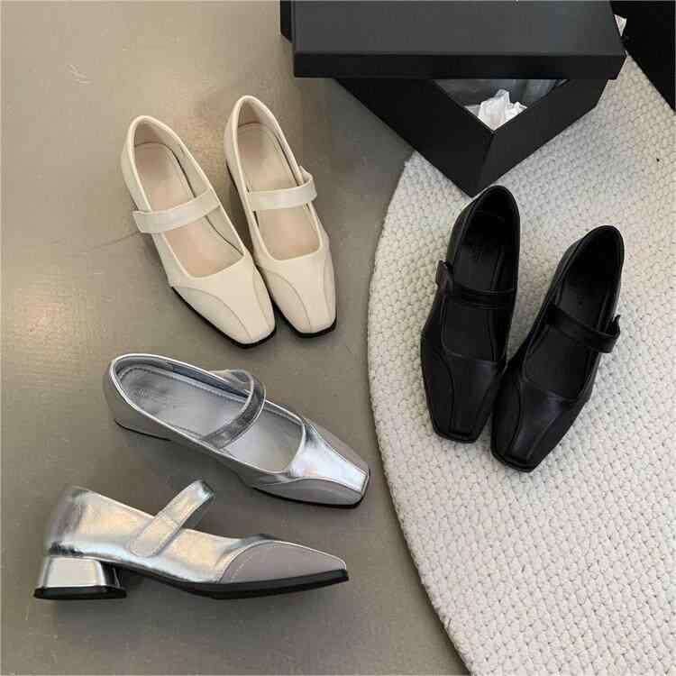 メリー ジェーン シューズ レディース 春夏 スクエアトゥ チャンキーヒール フレンチ スタイル 伸縮 バンド バレエ 風 コーディネート しやすい フラット シューズ カジュアル 普段使い 軽量 伸縮性