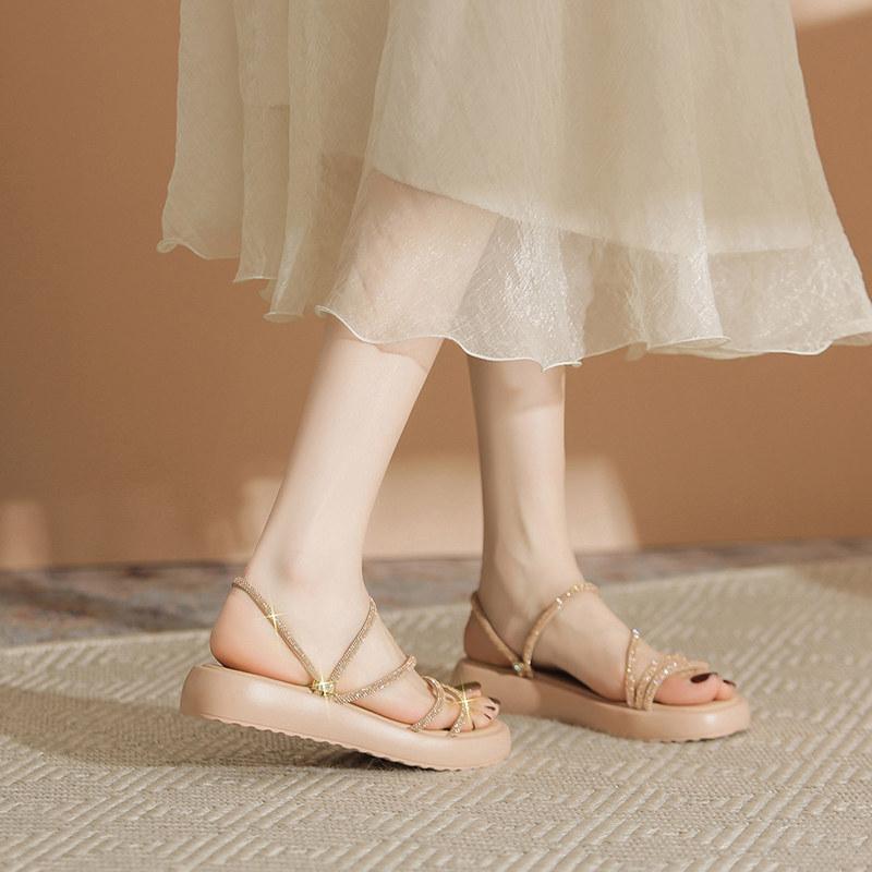 サンダル レディース 夏用 厚底 ローマンシューズ 仙女風 ラインストーン プラットフォーム クッション 二通り着用 日常使い フェミニン ガーリー 軽量 伸縮性