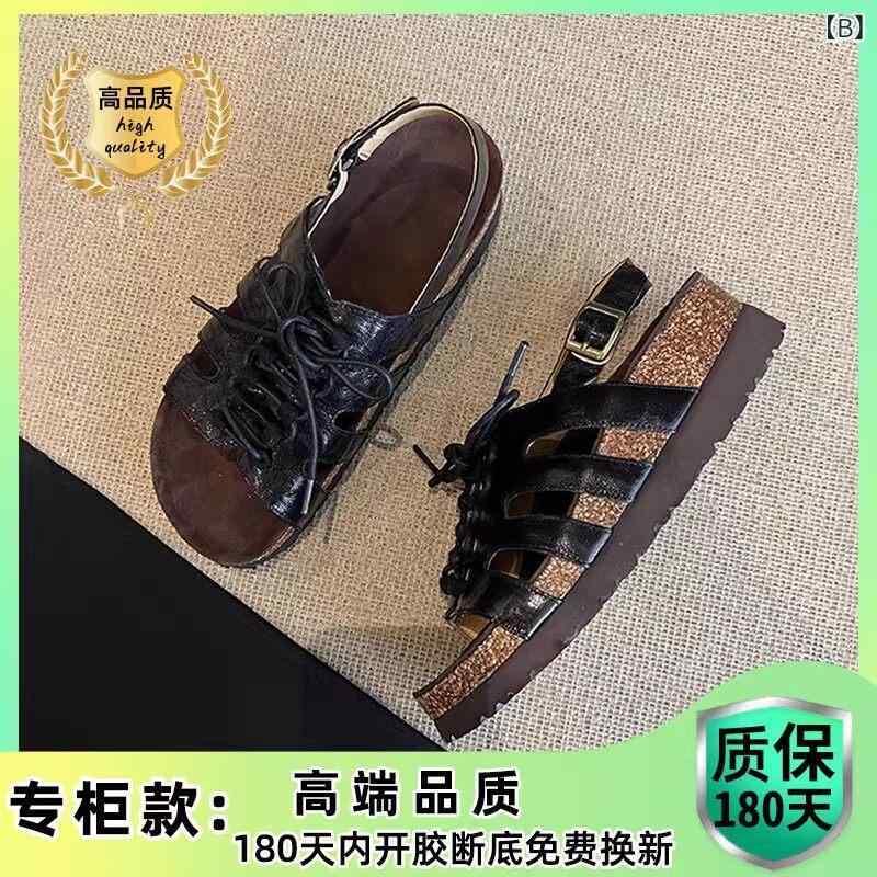 女性用 厚底 サンダル 革 羊革 ストラップ ホロー レトロ ラウンドトゥ ビーチ 夏用 合わせやすい 軽量 快適 履き心地