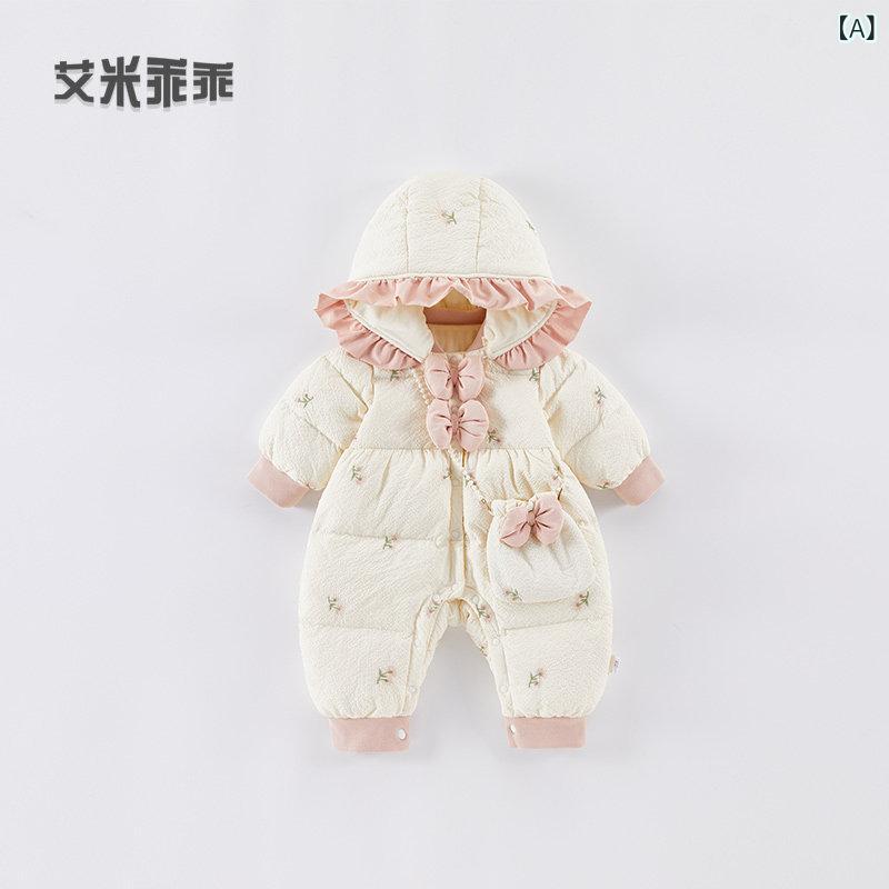 ベビー 女の子 冬用 ロンパース 新生児 ダウン 抱っこ服 暖か 保温 軽量 外出用 柔らかい ホワイト(4.0)