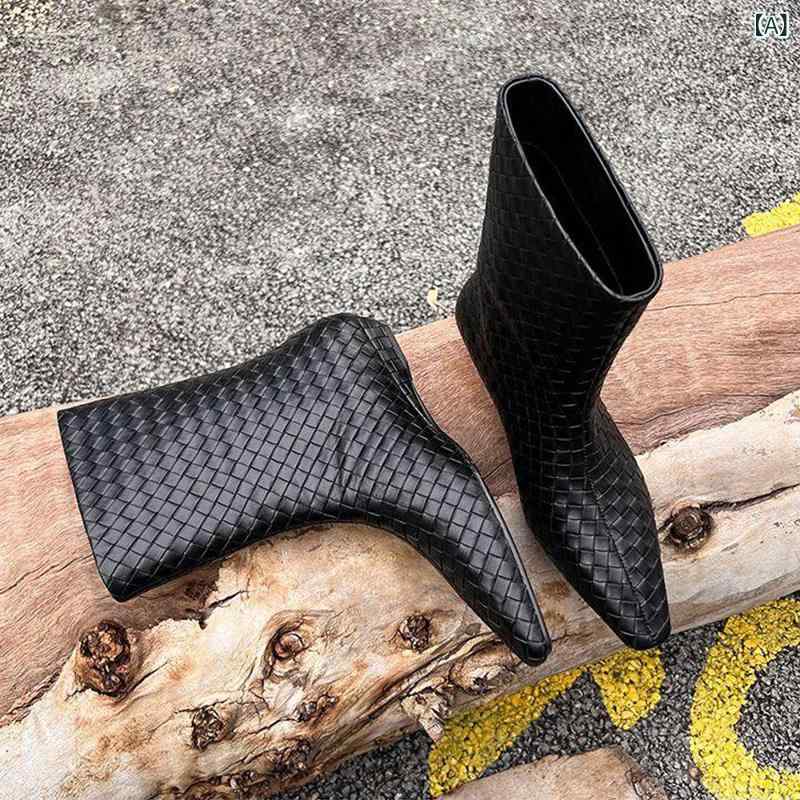 ショートブーツ 女性用 秋冬 牛革 編み込み ゆったり 筒型 ウェッジヒール ストレート 中筒 スクエアトゥ ファッション 普段使い カジュアル 軽量 柔軟 ブラック ブラウン 暖かみ