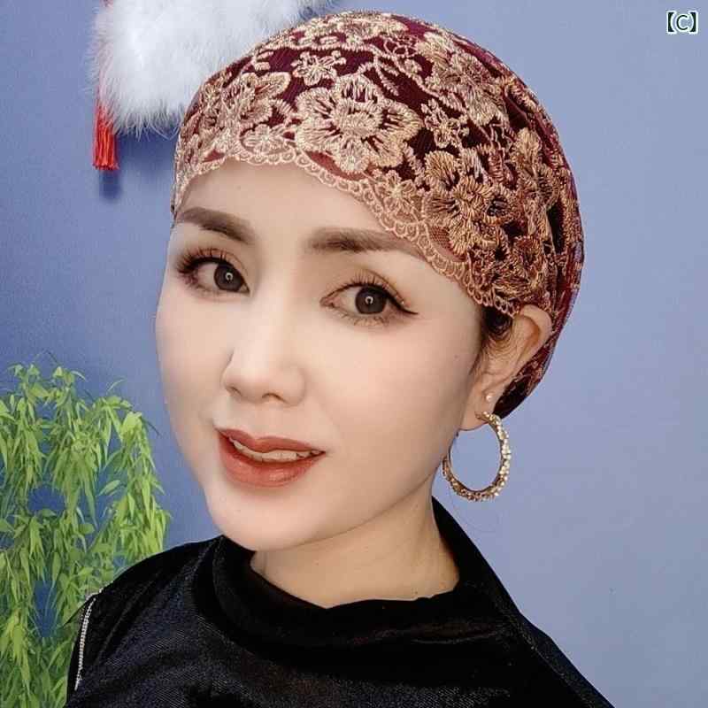 ヘッドスカーフ 女性用 白髪隠し レース刺繍 二重構造 民族風 軽量 シフォン素材 日常使い コーディネート自在 伸縮性 快適 フィット