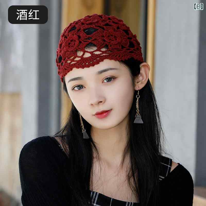 リバーパディの女性用 花柄 手編み 帽子 ヘッドスカーフ 花モチーフ ヘッドバンド 白髪カバー 薄手 軽量 コーディネート自在 エレガント スタイリッシュ 普段使い｜アングル2