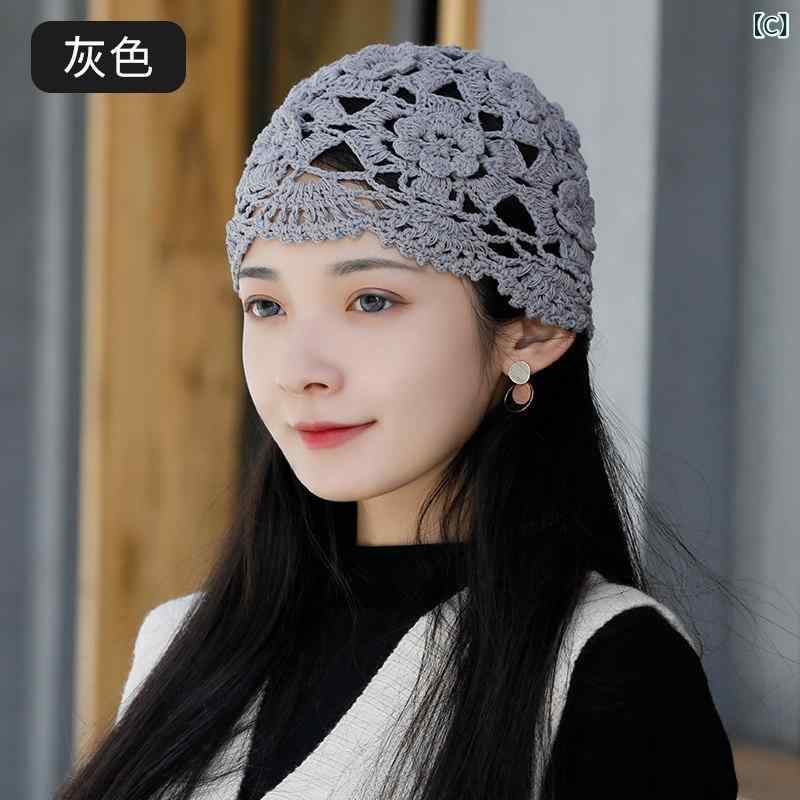 リバーパディの女性用 花柄 手編み 帽子 ヘッドスカーフ 花モチーフ ヘッドバンド 白髪カバー 薄手 軽量 コーディネート自在 エレガント スタイリッシュ 普段使い｜アングル3
