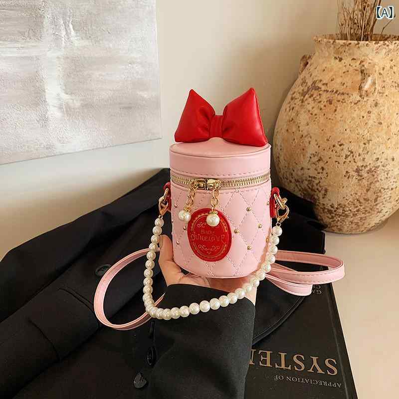 Pochettes - 女の子用 子供 バッグ かわいい プリンセス 蝶結び バケット型 斜めがけ 手持ち 小銭入れ 鞄 普段使い 軽量 綿素材