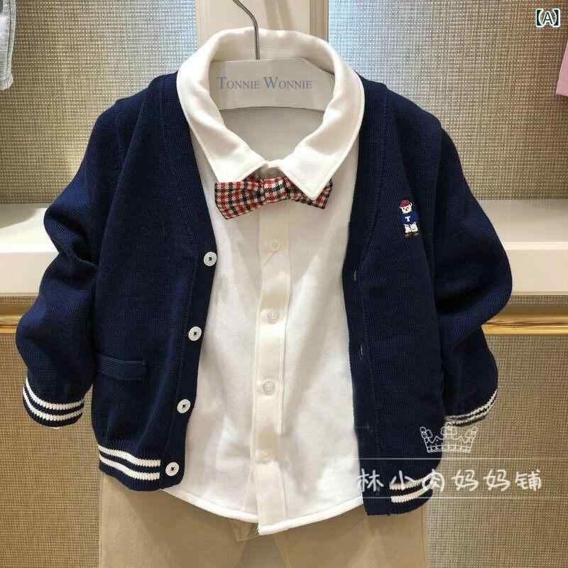 Cardigans - 男の子 子供 ニット カーディガン 刺繍 綿100% 学院風 カジュアル セーター アウター 秋冬 軽量 伸縮性