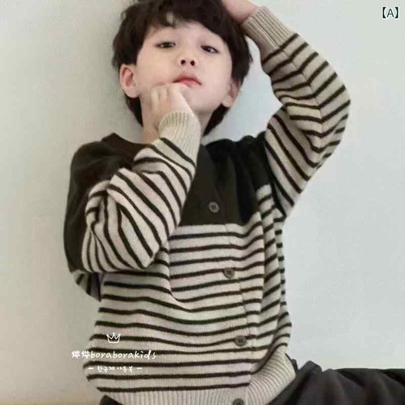 男の子 ニット カーディガン ストライプ 柄 秋 セーター 中大サイズ 子供 アウター 普段使い 軽量 伸縮性 綿混 トップス ストリートファッション・スタイル: カジュアル・袖丈: 長袖・ネックライン: クルーネック・開閉: ボタン・柄: ストライプ・対象: 男女共通・サイズ展開: 100cm,110cm,120cm,130cm,140cm,150cm,160cm,170cm