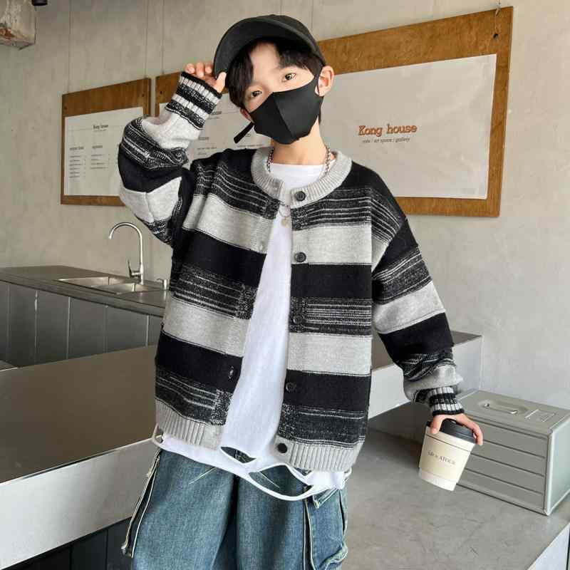 子供服 男の子用 ニット カーディガン セーター コート ストライプ 柄 秋冬 トップ...