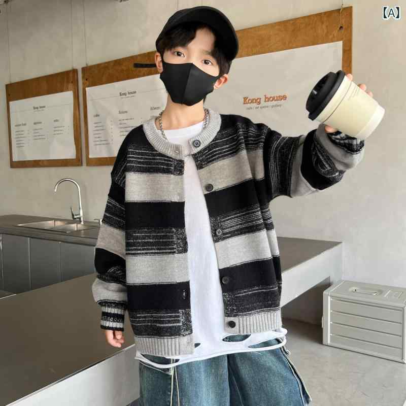子供服 男の子用 ニット カーディガン セーター コート ストライプ 柄 秋冬 トップ...