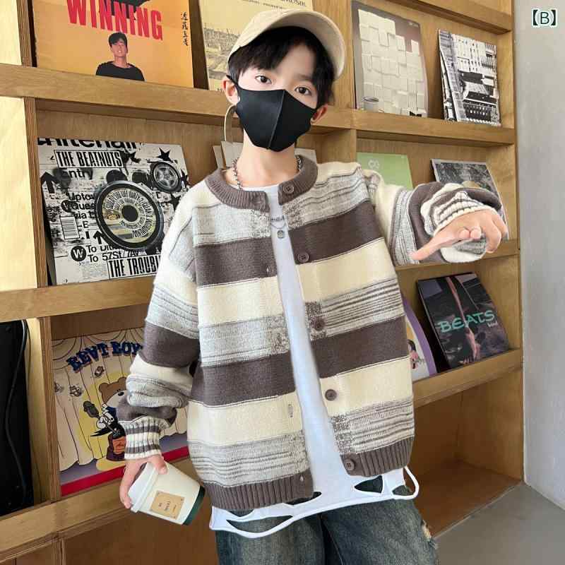 子供服 男の子用 ニット カーディガン セーター コート ストライプ 柄 秋冬 トップ...