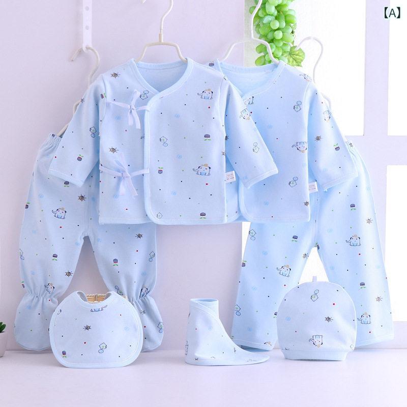 ベビーインナー 新生児 綿100% 春夏秋 柔らかい 肌触り良い 赤ちゃん服 初生用 コットン素材 吸湿性・対象年齢: 新生児・スタイル: 卡通・主な素材: 綿100%・対象性別: 男女共用・セット内容: 7点・カラー展開: ブルー小象.黄色小象.ピンク小象.白地星柄.白地きのこ柄.白地笑顔柄.クラウン赤縁.クラウン青縁.ブルー風船小熊.黄色風船小熊.ピンク風船小熊.ブルーお風呂小猫.黄色お風呂小猫.ピンクお風呂小猫.白地ブルー小象.白地黄色小象.白地ピンク小象.淡青小象・構成: 衣類+小物・対象身長: 59cm（新生児0-3ヶ月）