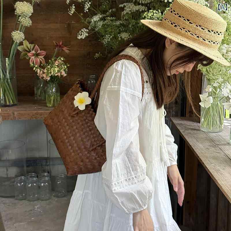 Handbag Type - レトロ 編み バッグ 藤風 ハンドバッグ ビーチ リゾート 夏用 ショッピング トート 大容量 軽量 普段使い 鞄 菜籠風 織物 素材 切り替え ブラック ベージュ ピンク系