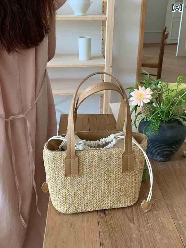 Tote Bag Type - レディース 夏 ストローバッグ バスケット 鞄 カジュアル リゾート 手提げ ショルダー 斜め掛け 小型 軽量 素材 ビーチ 普段使い