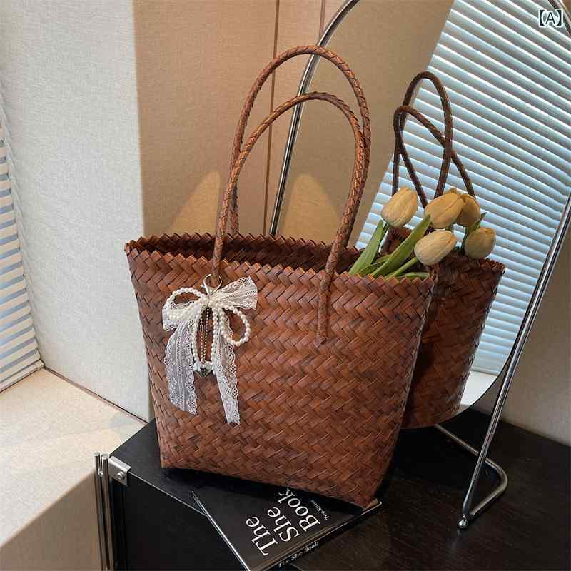 Tote Bag Type - かごバッグ レディース 夏用 大容量 竹編み 通勤用 ショルダー ハンドバッグ トート 軽量 ナチュラル 素材 日常使い コーディネート自在 編み込み バスケットスタイル