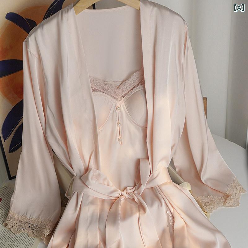 レディース 春夏 薄手 接触冷感 セクシー 吊り帯 スリップ ローブ 胸パッド 寝間着 軽量 滑らかな肌触り 部屋着