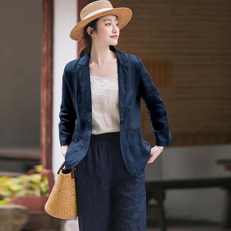 乐天商城 - レディース レトロ 麻 ショートジャケット スリムフィット 修身 春夏 カジュアル コットンリネン アウター 軽量 通勤 普段使い ビッグシルエット スタイリッシュ