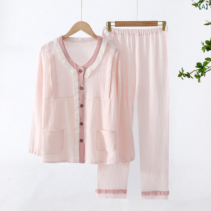 パジャマ レディース 妊婦 産後 哺乳用 綿 ガーゼ 薄手 春夏秋 部屋着 綿100% 通気性 吸湿 伸縮性 柔らかい ホームウェア・主な素材: 綿100%・柄: 無地・スタイル: シンプル・ネックライン: クルーネック・カラー展開: ライトブルー.ライトグリーン.ライトピンク・袖丈: 長袖・セット内容: 上衣・パンツ・パンツ丈: ロング・サイズ展開: M.L.XL