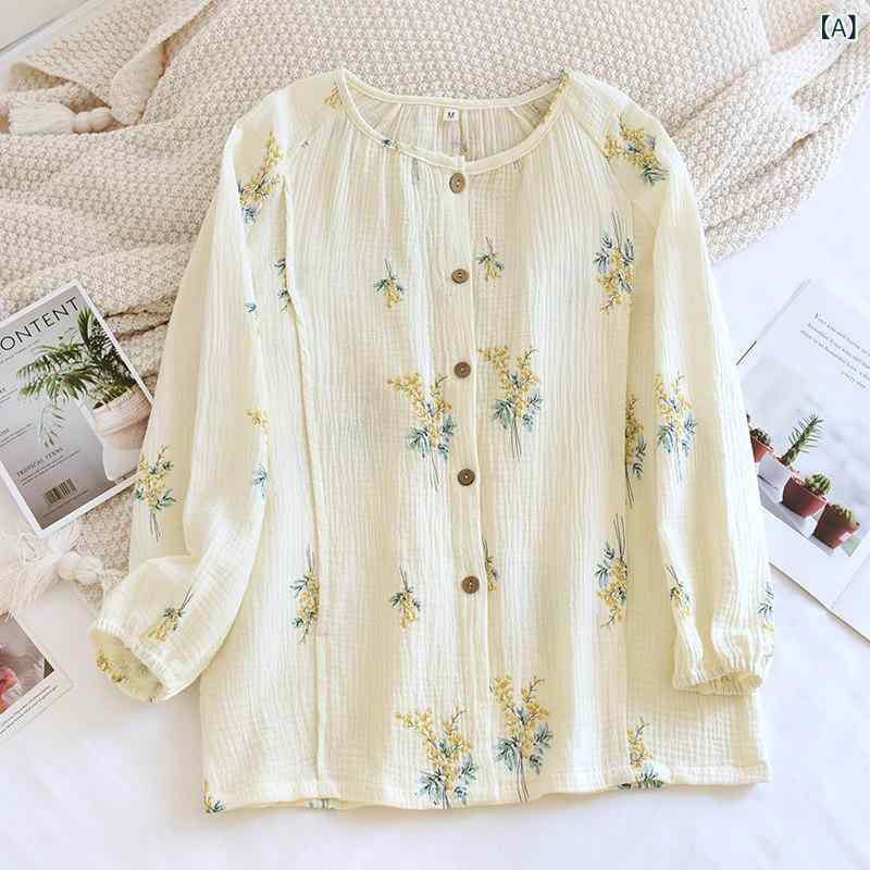 妊婦用 授乳パジャマ トップス 夏用 薄手 綿 ガーゼ 通気性 吸湿性 妊娠期 産後 母乳 部屋着 コットン ソフト素材・カテゴリ: ルームウェア・スタイル: スイート・主な素材: 綿100%・厚み: 薄手・袖丈: 長袖・ネックライン: クルーネック・柄: 植物花卉・開閉: 前ボタン・対象性別: 女性・サイズ展開: M.L.XL・カラー展開: 鈴蘭花.小彩花.彩色丸点.粉桜花兔