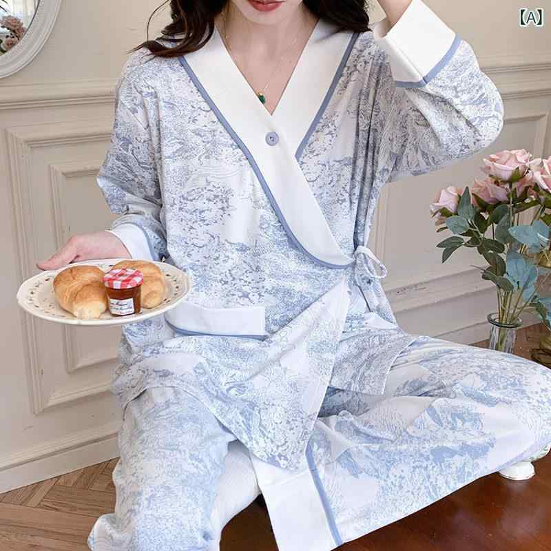産後服 妊婦用 綿100% 授乳パジャマ ルームウェア セット 春秋冬 快適素材 柔らかい 部屋着 ホームファッション・スタイル: シンプル・袖丈: 長袖・ネックライン: Vネック・ズボンの丈: ロング・ウエスト: ゴム・襟: 斜め襟・授乳開き: 前開き・主な素材: 綿95%.スパンデックス5%・サイズ展開: M(45-60kg).L(60-70kg).XL(70-85kg)・カラー展開: ブルー.ピンク・柄: 水墨画和服