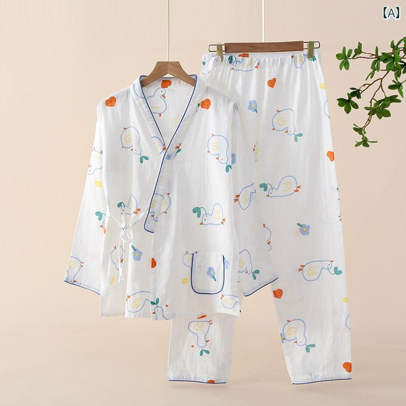 授乳 パジャマ レディース 妊婦 産後 ガーゼ 綿 薄手 春夏 ホームウェア 通気性 柔らかい 肌触り 待産 部屋着 軽量 素材 吸湿 速乾・サイズ展開: M.L.XL.XXL・主な素材: 綿100%・柄: 卡通アニメ・スタイル: かわいい・ネックライン: Vネック・開閉: 紐・カラー展開: 白（小鴨和服款）.白（小鴨翻領款）・ウエスト: ゴム・袖丈: 長袖・厚み: 超薄・タイプ: 衣パンツセット・パンツ丈: ロング