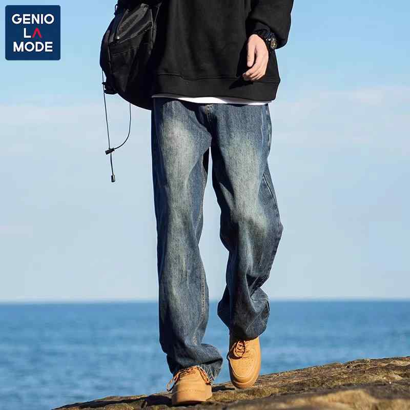 Cropped Pants - メンズ デニムパンツ ストレート アメリカンスタイル 春 カジュアル 普段使い デニム素材 軽量 伸縮性