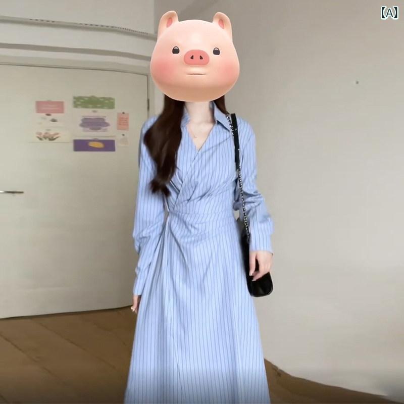 ワンピース レディース 学院風 ストライプ シャツ ロングドレス 夏用 フレンチスタイル 上品 かわいい 通勤 普段使い 軽量 伸縮性 吸湿速乾