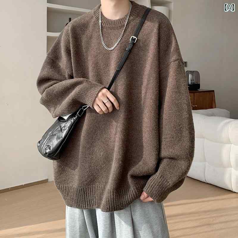 Knit Sweater - メンズ ニットセーター ゆったり クルーネック 春 レトロ 無地 プルオーバー ペア カジュアル 暖かみ 柔らかい 素材