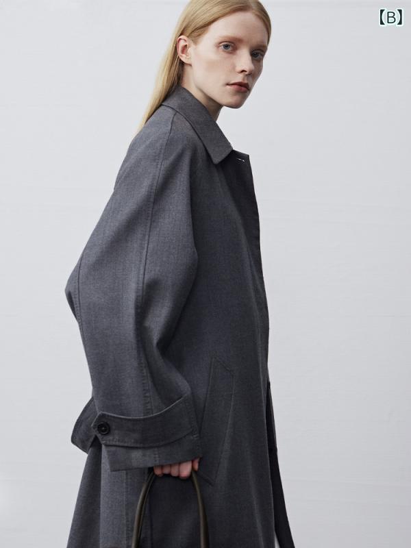 レディース トレンチコート 　 ウール 抗シワ レトロ カーキ ドレープ ミドルロング アウター 軽量 普段使い